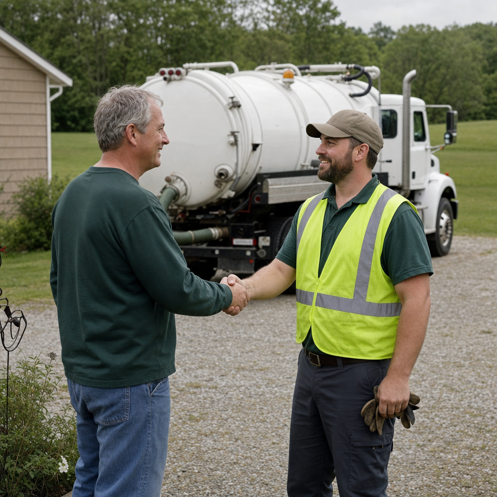 A septic technician shaking a Logan Square homeowner's hand beside the service truck after a completed pump-out