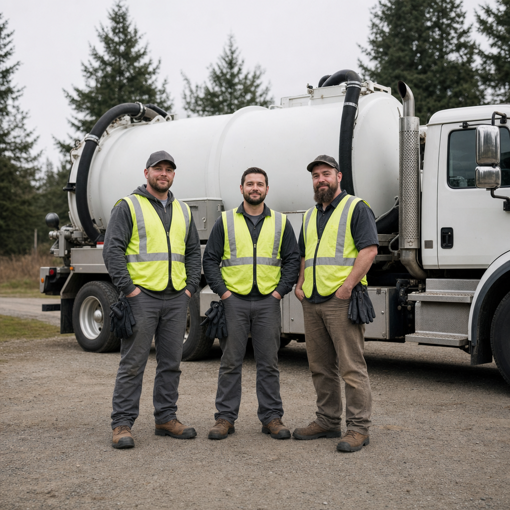 The Logan Square septic pumping crew standing together beside their clean white vacuum truck on a residential street