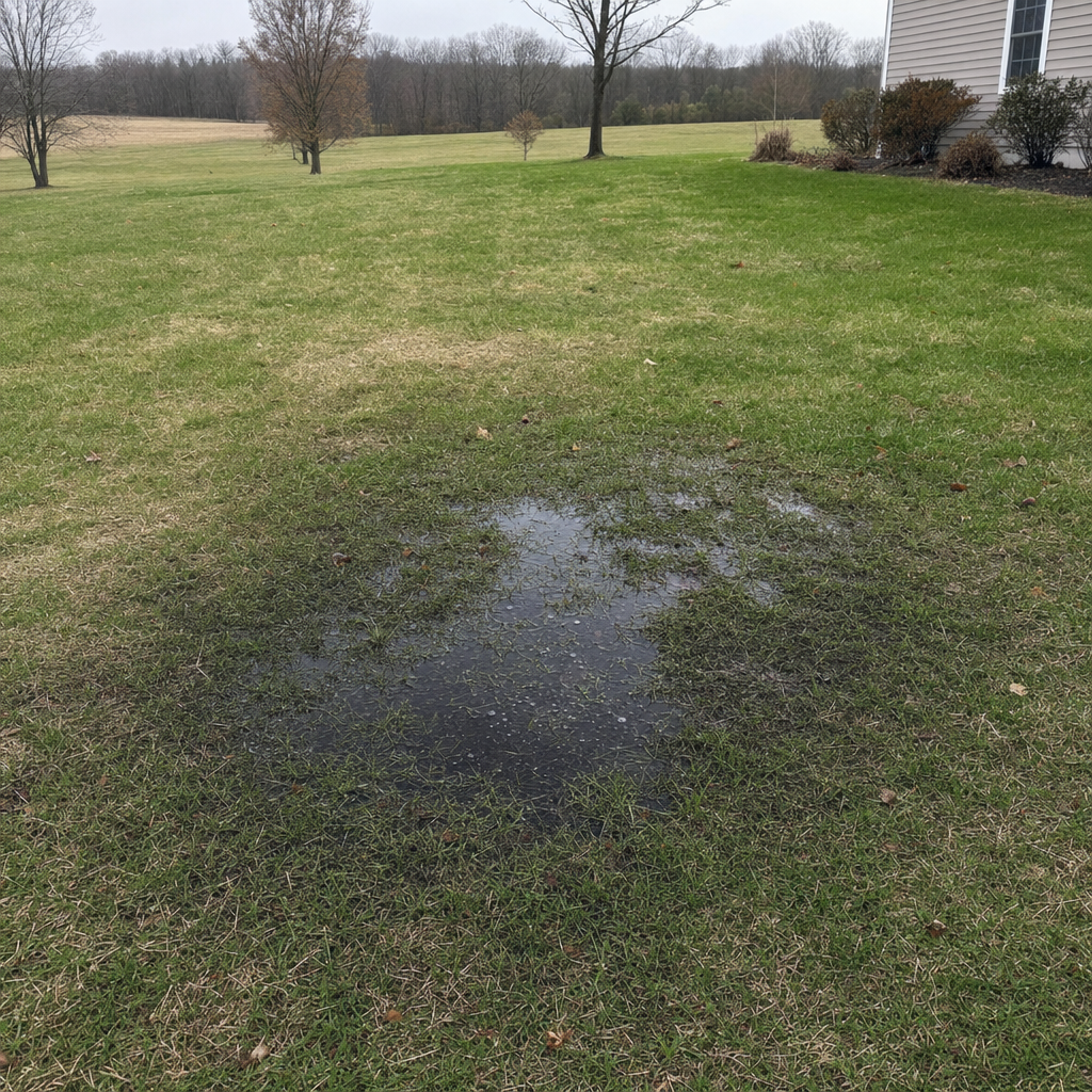 A dark, saturated wet spot in a Logan Square backyard lawn marking a failing cesspool at capacity