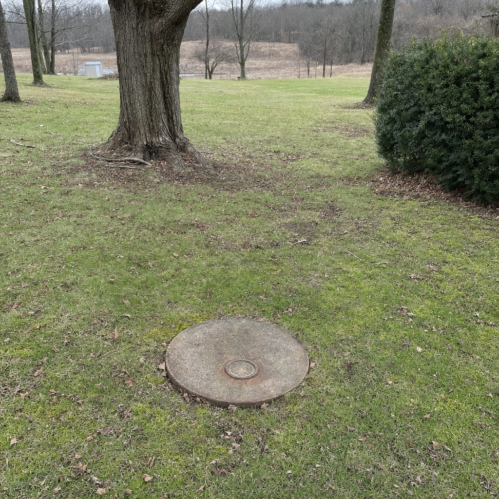 An older round cesspool access lid set flush in an established, mature Logan Square backyard lawn