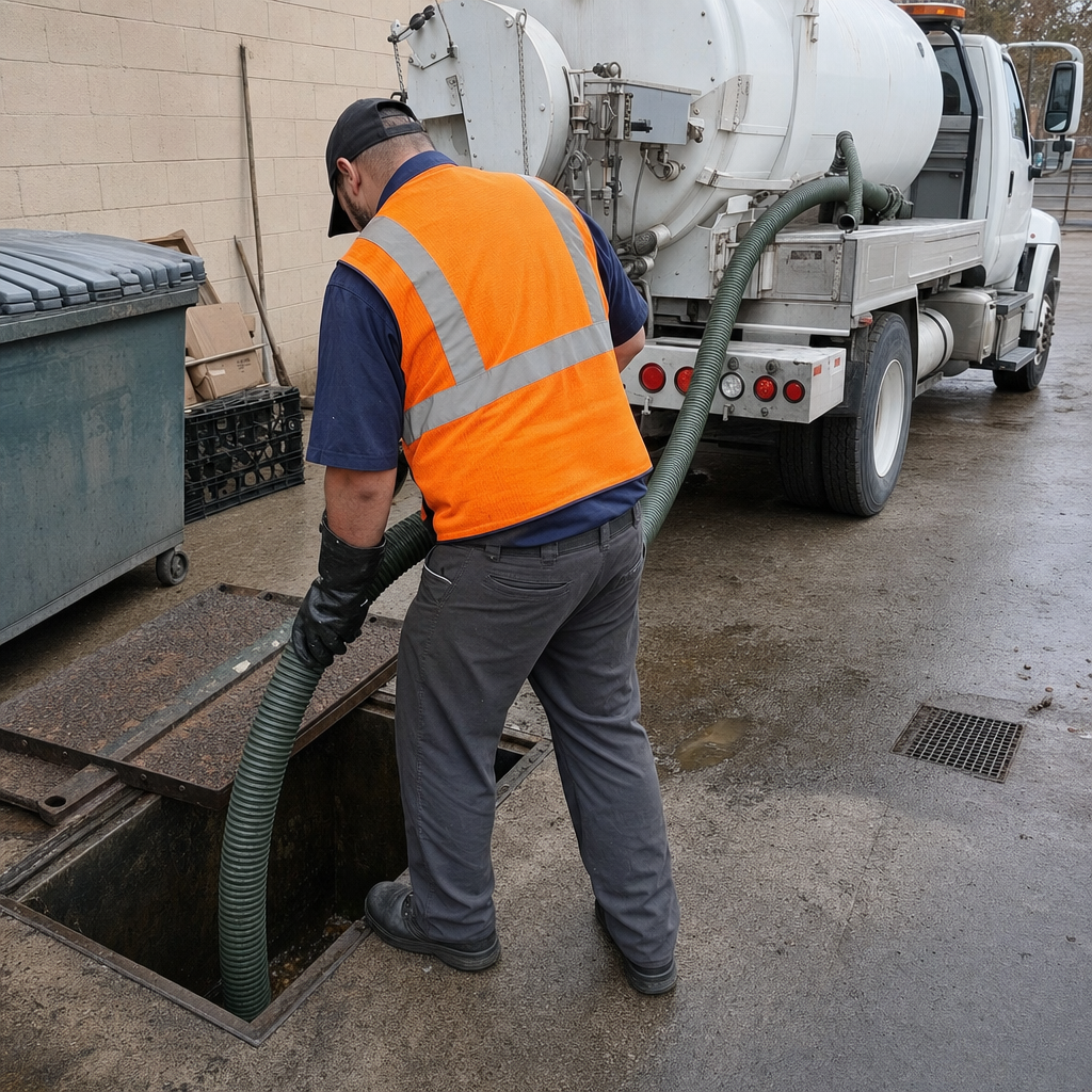 Technician pumping a grease trap behind a Logan Square restaurant