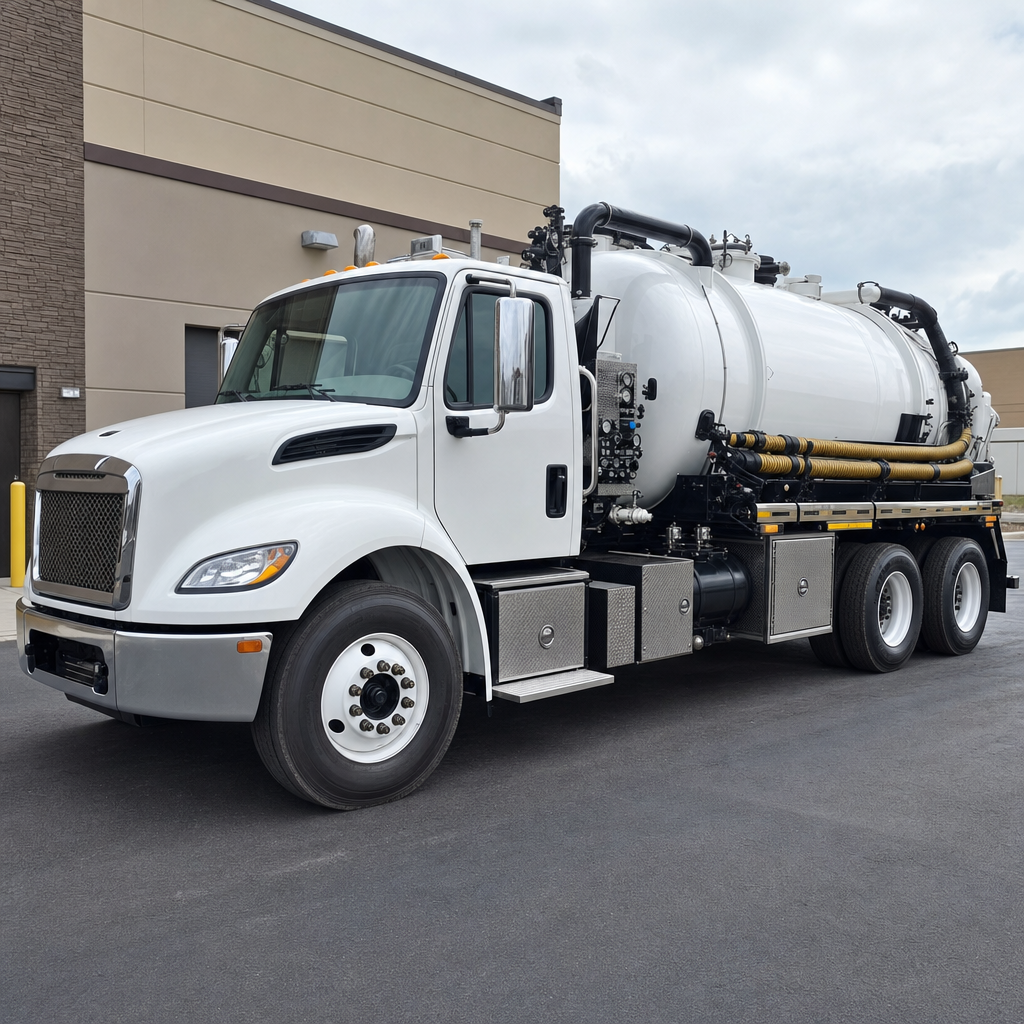 Commercial septic vacuum truck parked in a Logan Square business parking lot