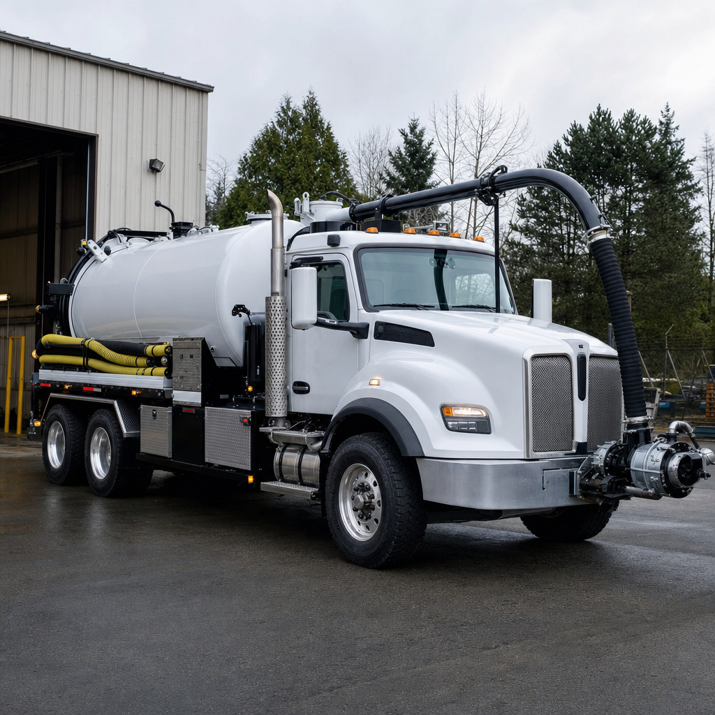 A clean white septic vacuum truck rolling out of a tidy Logan Square service depot at the start of the day