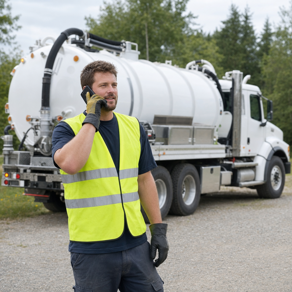 A friendly septic dispatcher holding a phone, ready to answer a Logan Square homeowner's call about a pump-out