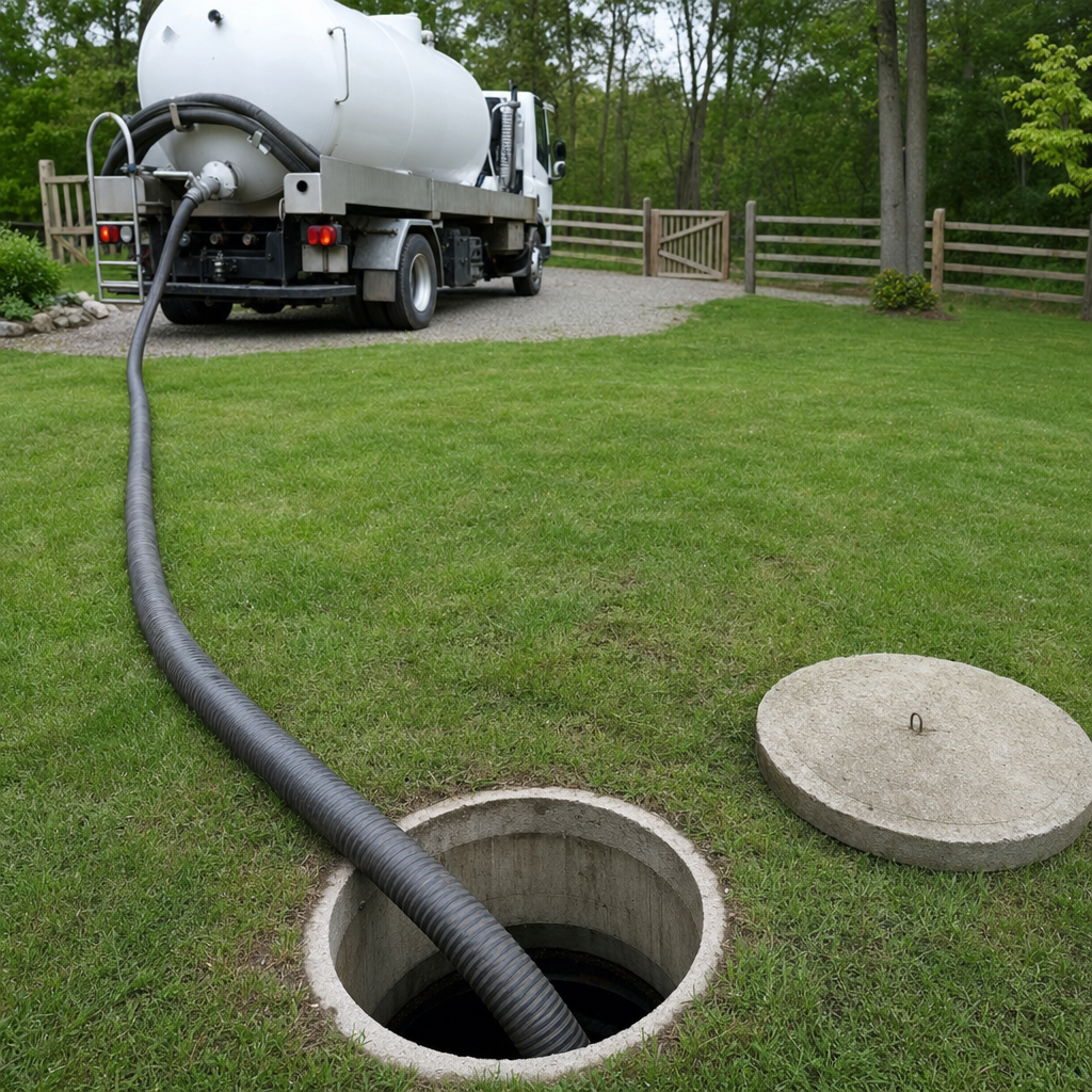 Suction hose connected to an open septic tank, drawing it down in a tidy Logan Square yard
