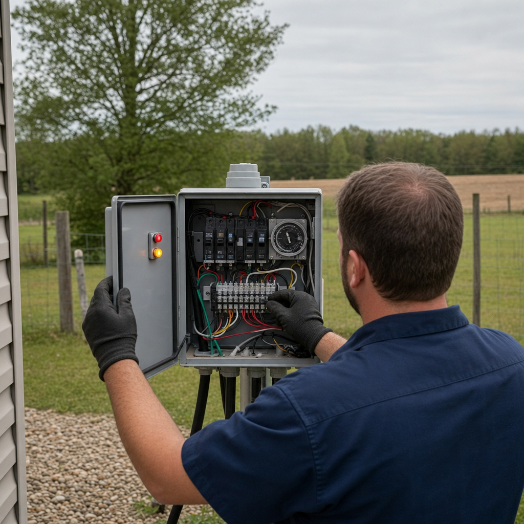Technician checking an aerobic septic control box with a lit red high-water alarm during a same-day Logan Square visit