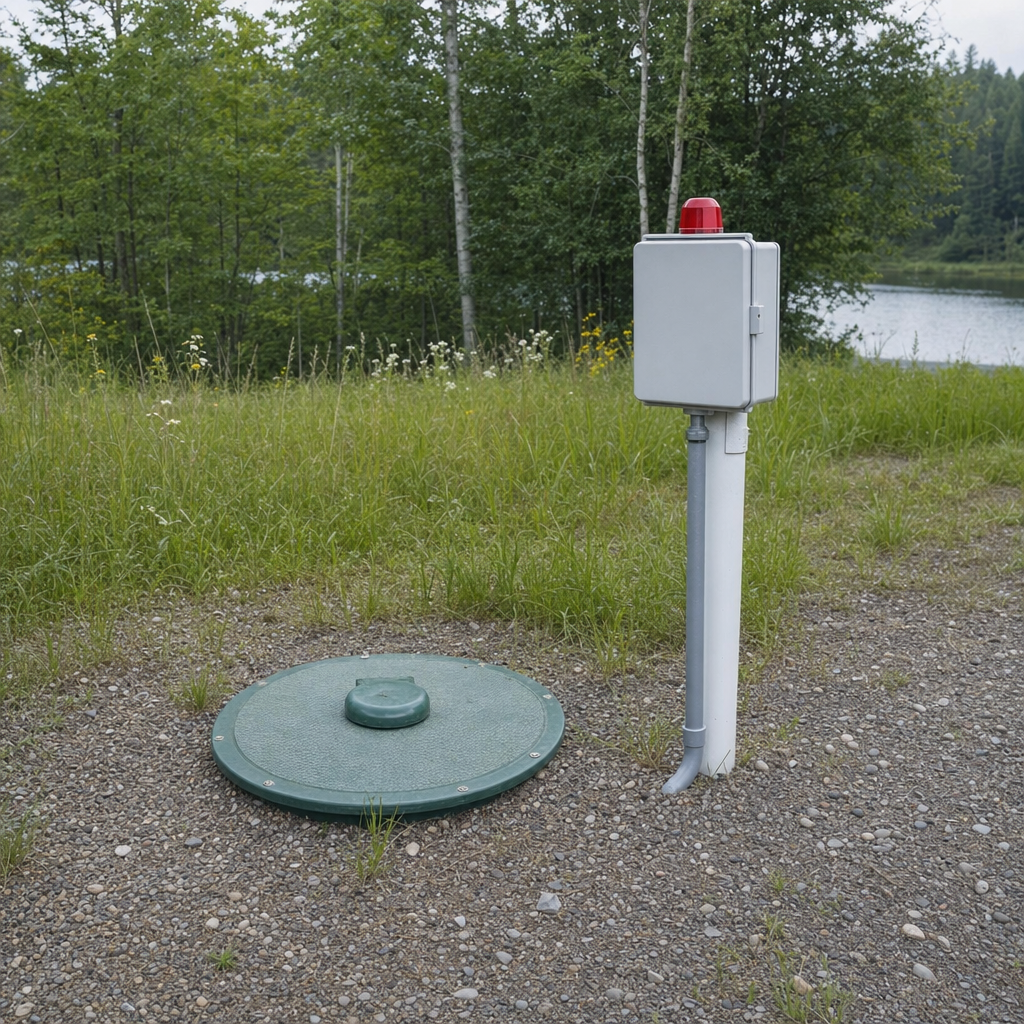 A wastewater holding tank access lid set in the ground at a rural Logan Square-area cabin, with a mounted high-level float alarm panel nearby