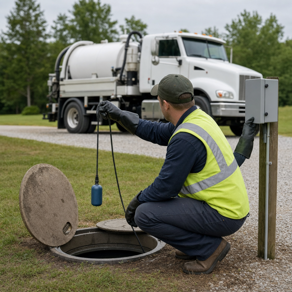 A septic technician in a high-visibility vest checking a high-level float switch and alarm panel on a holding tank at a rural Logan Square-area site