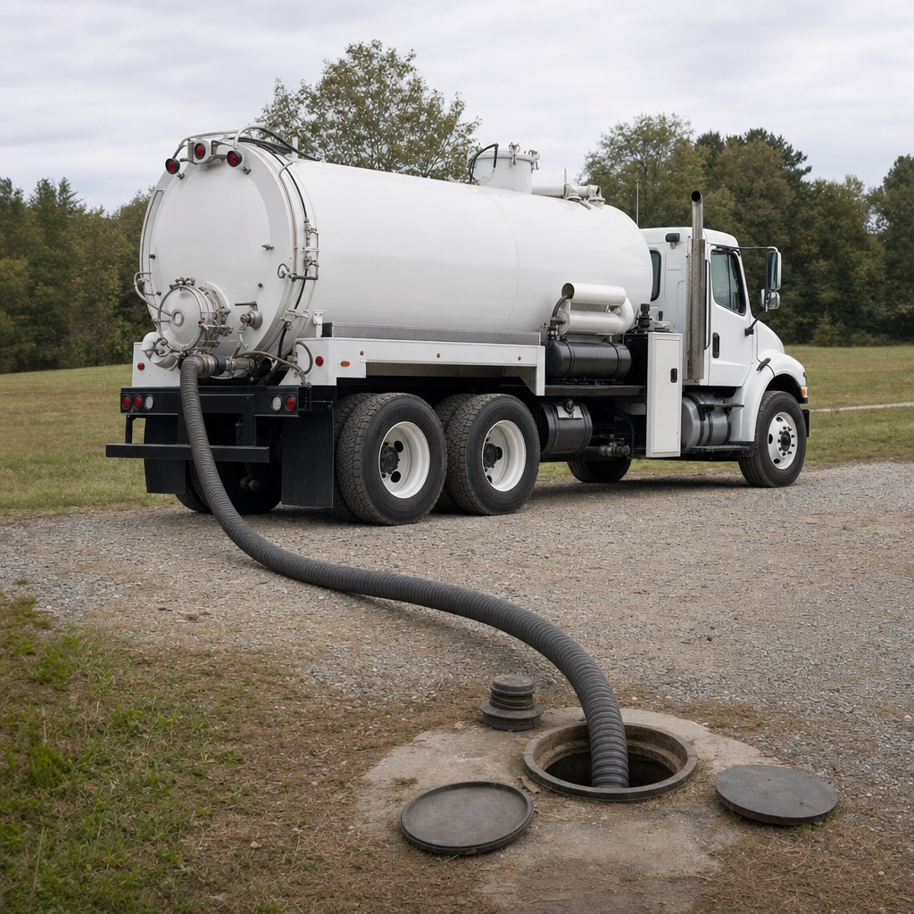 An unmarked white vacuum truck emptying a wastewater holding tank on a scheduled visit at a rural Logan Square-area property, thick suction hose running to the tank lid
