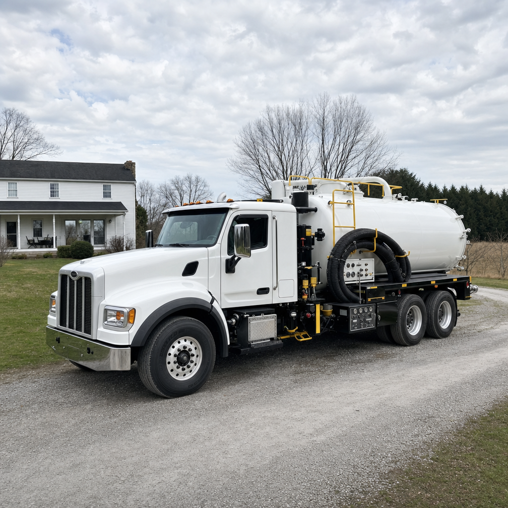 A clean white septic vacuum truck parked on a tidy Logan Square driveway with the suction hose neatly coiled