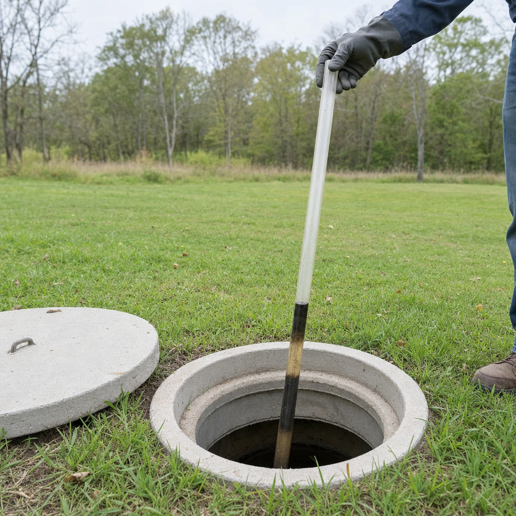 A septic sludge-judge measuring stick lowered into an open Logan Square septic tank to read the depth of the sludge and scum layers before deciding whether a pump-out is due