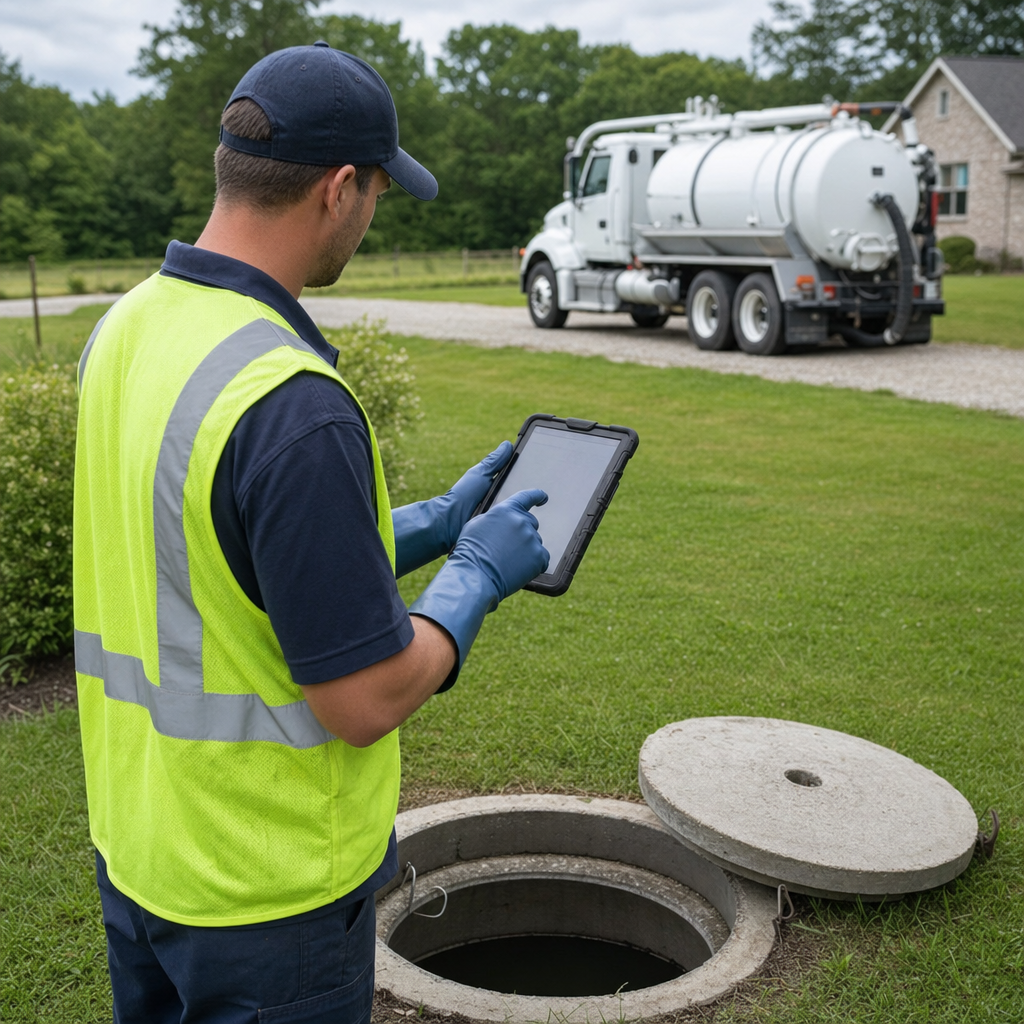 A septic technician recording a Logan Square home's pump-out date and tank condition on a tablet beside an open access lid, tracking the service history that sets the next due date