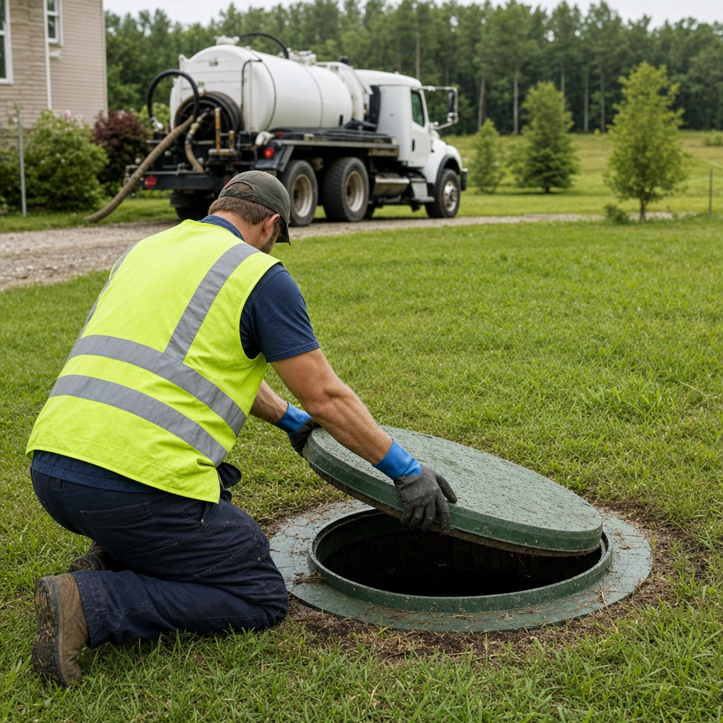Septic technician kneeling on a Logan Square lawn, lifting the access lid on a residential septic tank