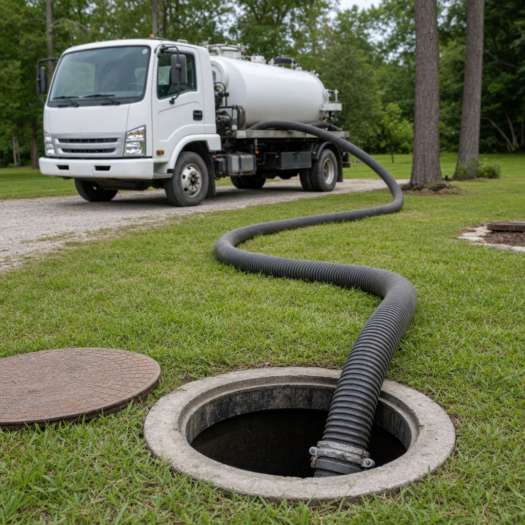 Thick ribbed suction hose lowered into a clean open septic tank port on a tidy Logan Square backyard lawn