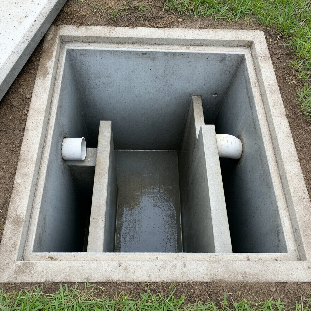 Inspection of the concrete baffles inside an open, emptied and freshly cleaned Logan Square septic tank