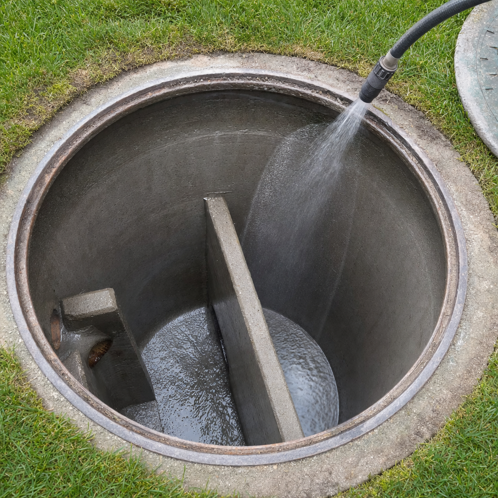 Interior concrete walls of an emptied Logan Square septic tank being rinsed clean with the truck's onboard water hose