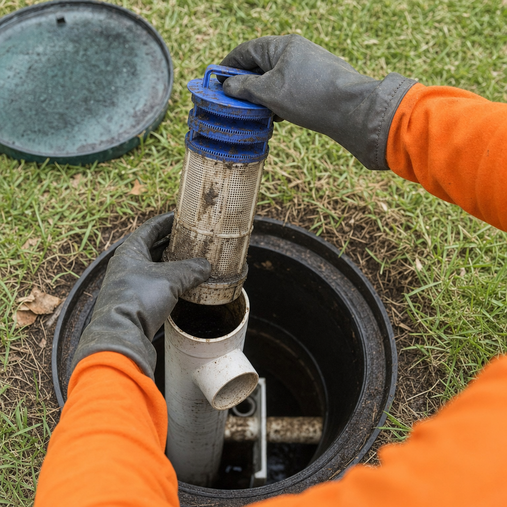 Septic technician's gloved hands lifting the effluent filter cartridge out of the outlet housing on a Logan Square septic tank