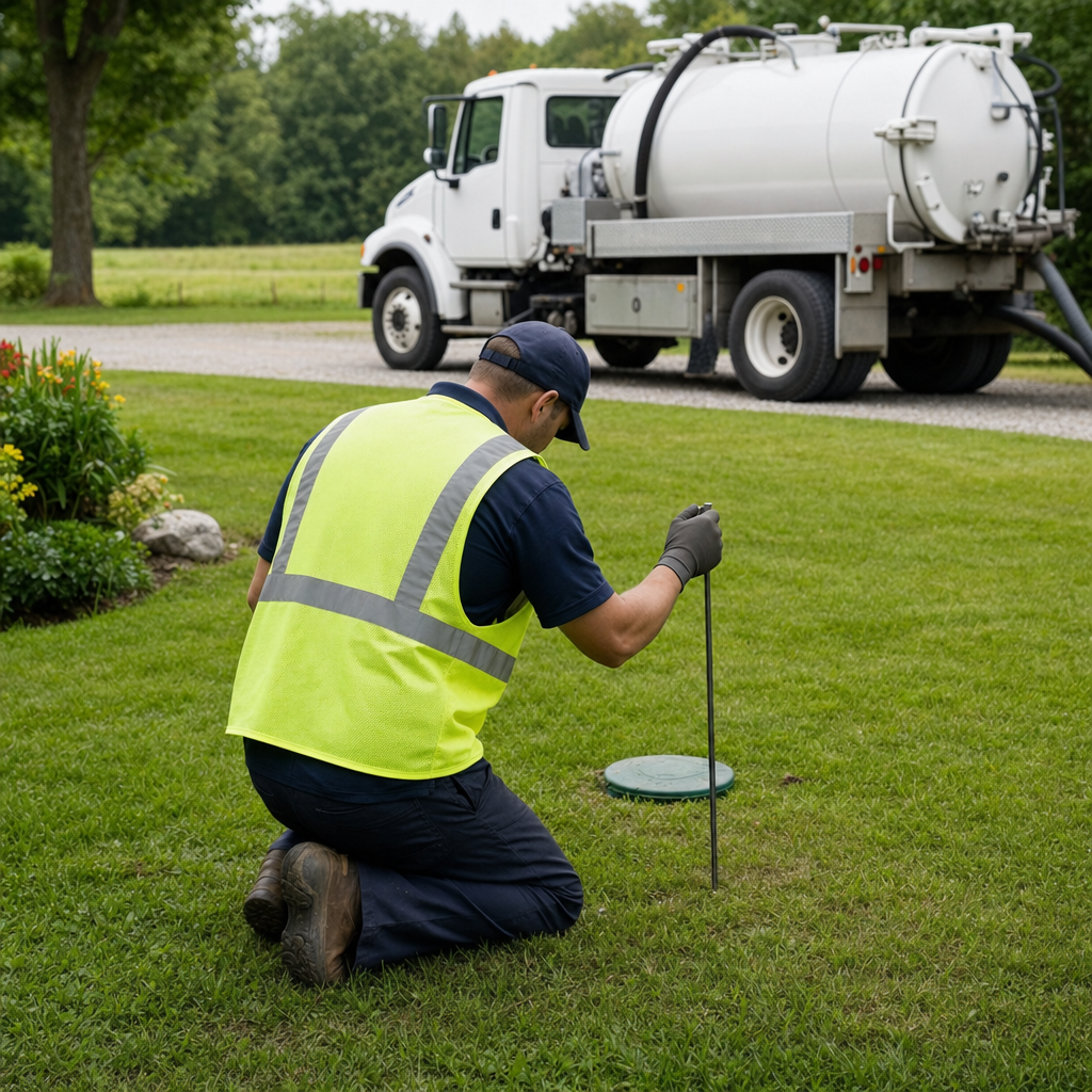 Septic technician kneeling on a Logan Square lawn, probing to locate and measure the depth of a buried septic tank lid before pumping