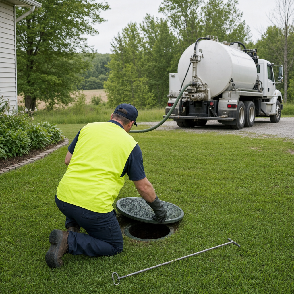 Septic technician kneeling on a Logan Square lawn, lifting the buried access lid on a residential septic tank