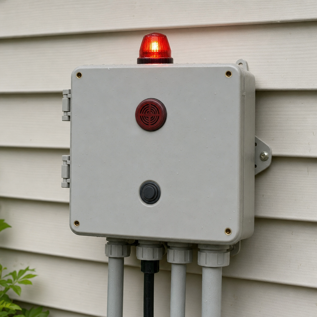 An aerobic septic system control panel mounted outside a Logan Square home with its red high-water alarm light lit