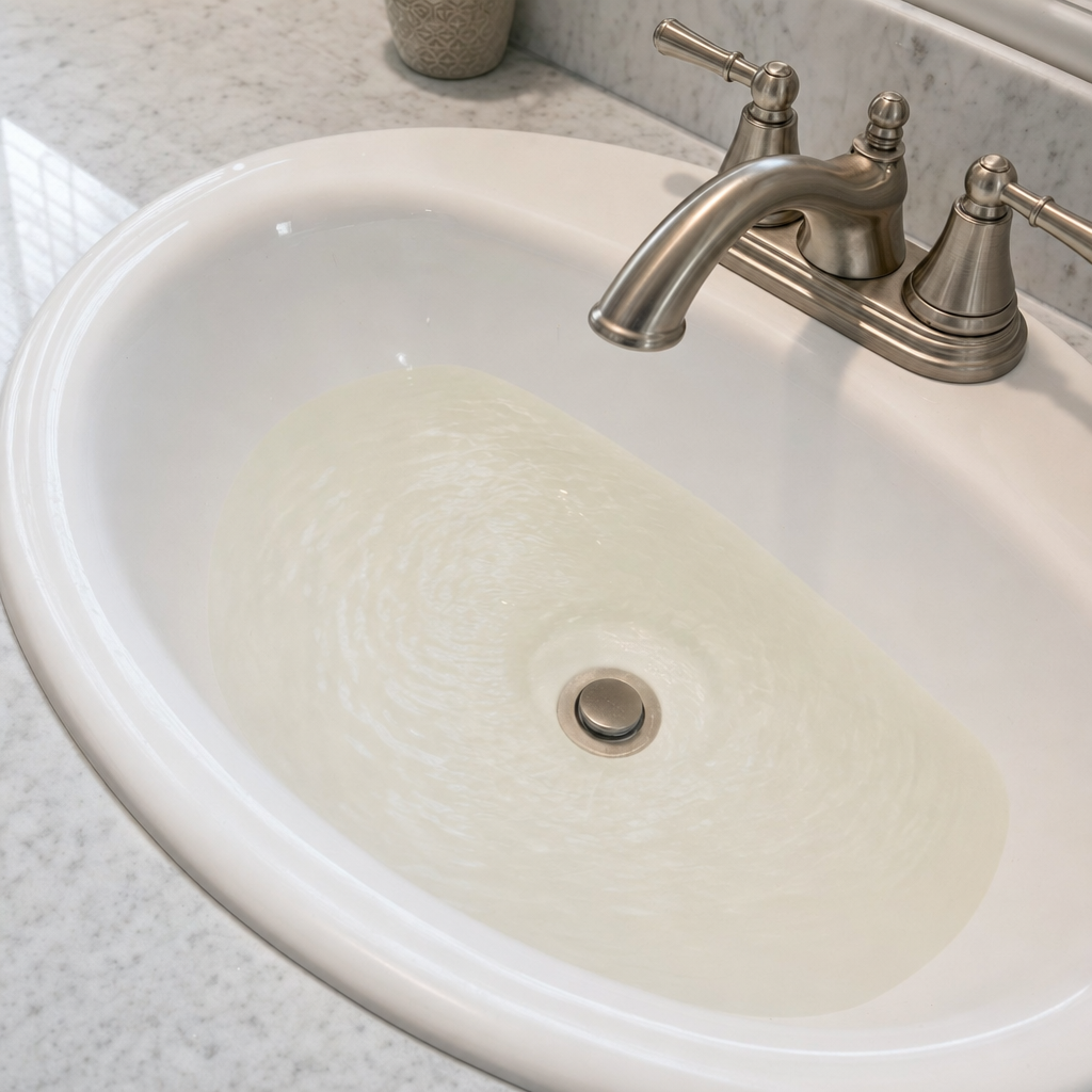 A bathroom sink draining slowly with water pooled in the basin, an early warning sign that a Logan Square septic tank is full